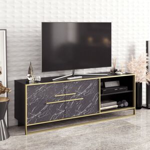 DECOROTIKA Polka 160 Cm Wide tv Stand tv Unit With Two Doors tv Console With Metal Frame tv Cabinet With Open Shelves And Two Cabinets - Black Marble Pattern