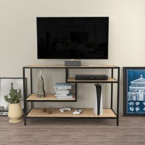 DECOROTIKA Robins 120 Cm Wide industrial tv Stand tv Console tv Unit With Open Shelves Metal For Living Room Hallway- Black And Oak Colour - Black and Oak