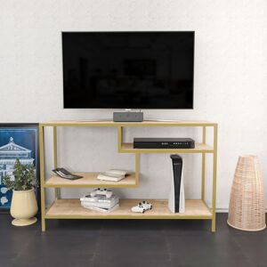 DECOROTIKA Robins 120 Cm Wide industrial tv Stand tv Console tv Unit With Open Shelves Metal For Living Room Hallway - Yellow And Oak Colour - Yellow and Oak