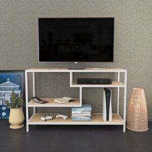 DECOROTIKA Robins 120 Cm Wide industrial tv Stand tv Console tv Unit With Open Shelves Metal For Living Room Hallway- White And Oak Colour - White and Oak