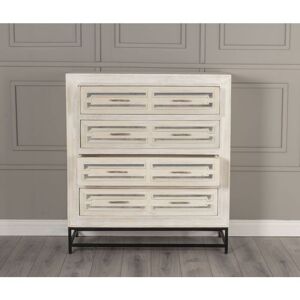 URBAN DECO Distressed White Washed Mirrored 4 Drawer Wide Chest for bedroom Storage Furniture - white