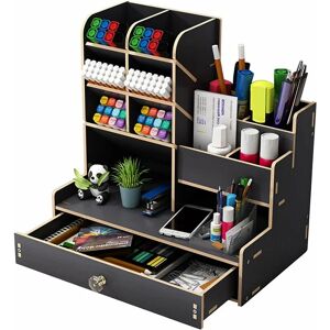 HÉLOISE Diy Large Capacity Wooden Desk Organizer Storage Box with Drawer for Home Office School (B17, Black)