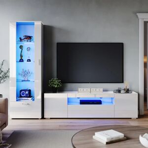 1800mm High Gloss led tv Unit Stand Cabinet Sideboard Display Cabinet with 5mm Tempered Glass Living Room Home Furniture White Set 5 - Elegant