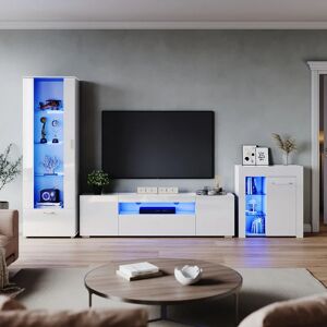 Elegant - 1800mm High Gloss led tv Unit Stand Cabinet Sideboard Display Cabinet with 5mm Tempered Glass Living Room Home Furniture White Set 3