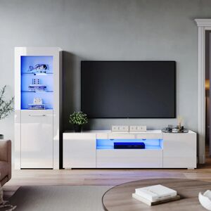 Elegant - 1800mm High Gloss led tv Unit Stand Cabinet Sideboard Display Cabinet with 5mm Tempered Glass Living Room Home Furniture White Set 2