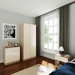 ELEGANT 3 Piece Bedroom Wardrobe Furniture Sets, 2 Door Soft Hinge Wardrobe, 4 Drawer Chest of Drawers, Beside Cabinet, Cream/Oak Bedroom Furniture