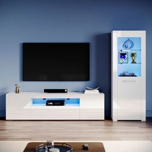 Elegant - Living Room Set Modern High Gloss Fronts with led Light, 1800mm tv Stand, Display Cabinet with Glass Shelf Bookcase, White