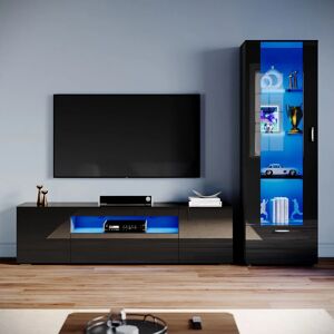 Elegant - Living Room Set Modern High Gloss Fronts with led Light, 1800mm tv Stand, Display Cabinet with Glass Shelf Tall Storage Cabinet, Black