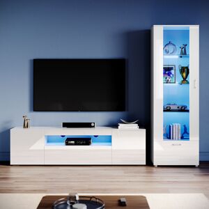 Elegant - Living Room Set Modern High Gloss Fronts with led Light, 1800mm tv Stand, Display Cabinet with Glass Shelf Tall Storage Cabinet, White