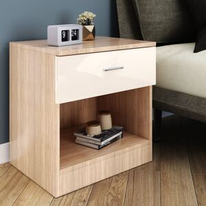 Elegant - Cream/Oak Modern High Gloss Bedside Cabinet Stand Storage Shelf with Bin Drawer for Bedroom, Livingroom and Home Storage Organizer