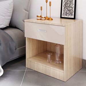 Elegant - Modern High Gloss Bedside Cabinet Stand Storage Shelf with Bin Drawer, for Bedroom or Home Storage Organizer, Cream/Oak