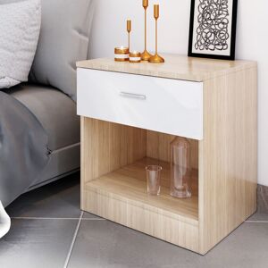 Elegant - Modern High Gloss Bedside Cabinet Night Stand Storage Shelf with Bin Drawer, White/Oak, for Bedroom or Home Storage Organizer