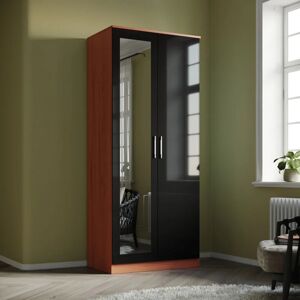 2 Door Double Wardrobe in Black & Walnut Bedroom Furniture Robe with Hanging Rail and Mirror - Elegant