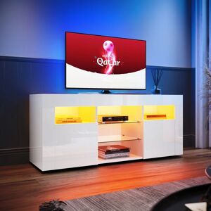 Elegant - Modern High Gloss White tv Stand Cabinet 120cm High Gloss tv Unit with led Lights for Living Room Bedroom with 2 Glass Shelves and 2 Doors,