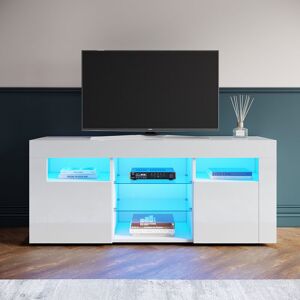 Elegant - tv Stand Cabinet with led Lights High Gloss with Storage 1200mm White tv cabinet Style 2, 2 Glass Shelves and 2 Doors, Handleless Design