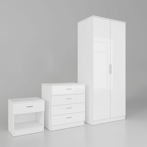 Wardrobe White High Gloss Bedroom Furniture Wardrobe 2 Doors with Chest 4 Drawer and Bedside Cabinet - Elegant
