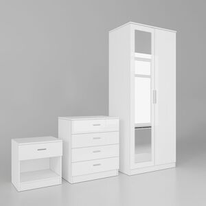 Wardrobe White Storage Furniture High Gloss 2 Doors Wardrobe with 4 Drawer Chest and Bedside Cabinet - Elegant
