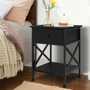 Elfordson - Bedside Table Retro Wooden Nightstand Storage Side Cabinet, Black