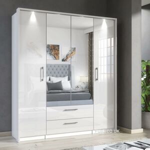 White Mirrored Wardrobe High Gloss Matt Modern 4-Door 2-Drawer Bedroom Storage With led Lights Infinity - Furneo