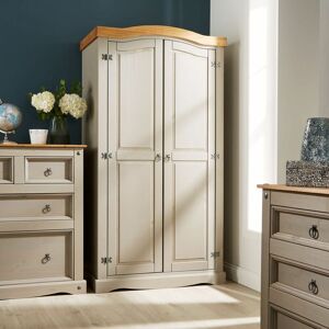 Grey Corona Pine Wardrobe 2 Door Hanging Rail Shelf Solid Wood Waxed Bedroom - Grey