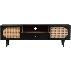 URBAN DECO Black Mango Wood and Rattan 2 Door 1 Drawer tv Unit for Tv's upto 60inch to 64inch - Black