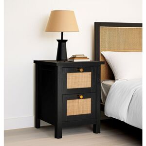 Hallowood Furniture Newquay Black Bedside Table with 2 Drawers & Rattan Front, Narrow Bedside Table, Lamp Table, Bedroom Storage Unit, Nightstand,