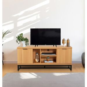 HALLOWOOD FURNITURE Newquay Large tv Stand Unit with Metal Base, Media Unit with 2 Compartments & Open Storage, Oak Effect Storage Cabinet for Living Room & Bedroom