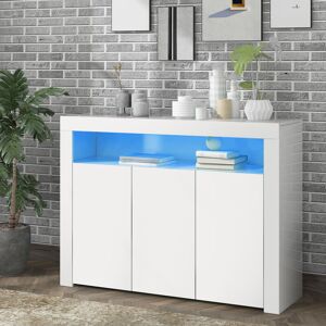 Abrihome - High Gloss White Sideboard Display Cabinet with led Lights, Modern 3-Door Wood Buffet Cupboard Storage Unit with Remote Control for