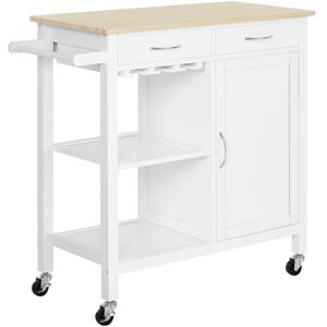 Homcom - Kitchen Storage Trolley Cart Cupboard Rolling Wheels Shelves 2 Drawers - White, Natural wood