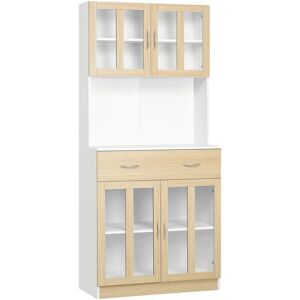 Homcom - 1.8m Kitchen Cupboard,Storage Cabinet, Framed Glass Doors with Shelves - Natural wood finish