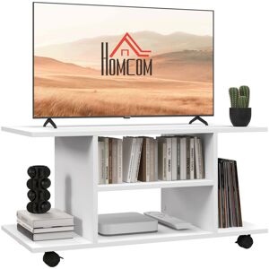 HOMCOM Modern tv Cabinet Stand 3 Tier shelf Storage Shelves Table Wheels White - White