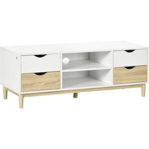Tv Cabinet Stand with 4 Drawers and Storage Shelf for Living Room - Natural, White - Homcom