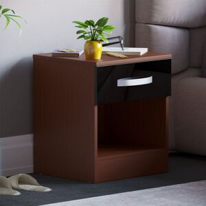 HOME DISCOUNT Hulio 1 Drawer Bedside Table High Gloss Cabinet Chest Nightstand Bedroom Furniture, Walnut-&-Black