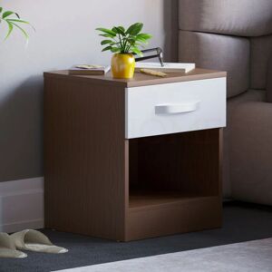 Home Discount - Hulio 1 Drawer Bedside Table High Gloss Cabinet Chest Nightstand Bedroom Furniture, Walnut-&-White