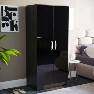 Home Discount - Hulio 2 Door Wardrobe High Gloss With Hanging Rail & Storage Shelf, Black