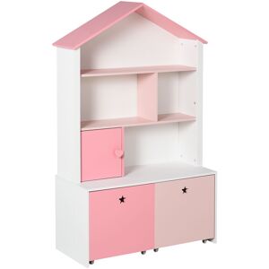 Homcom - Kids Bookshelf Chest Drawer with Wheels Baby Toy Wood Organizer Pink - Pink