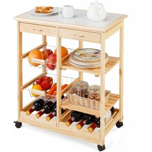 COSTWAY Kitchen Storage Trolley Cart Rolling Island Shelves Cupboard 2 Drawers 2 Baskets