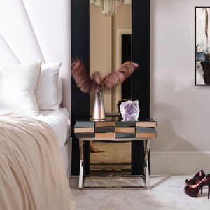 Carme Home - Knightsbridge - Luxury Mirrored Side Table 3D Glass Effect Design With Drawer Chrome Crossed Legs Bedroom Living Room Furniture (Rose