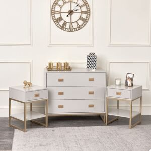 MELODY MAISON Large 3 Drawer Chest of Drawers and Pair of Bedside Tables - Elle Stone Range - Stone, Taupe, Beige, Gold