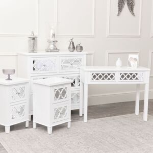 MELODY MAISON Large White Mirrored Chest of Drawers, Console / Dressing Table & Pair of Bedside Tables - Sabrina White Range - White, Mirrored, Silver