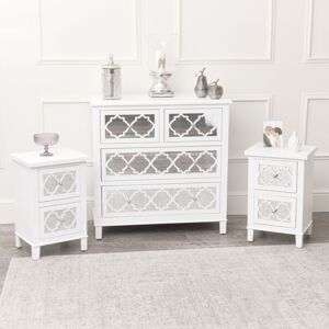 MELODY MAISON Large White Mirrored Chest of Drawers & Pair of Bedside Tables - Sabrina White Range - White, Mirrored, Silver