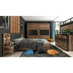 IMPACT FURNITURE Luxury King Size Bedroom Furniture Set with Sliding Wardrobe usb Charger led Light Bed Frame Bedside Oak Black Kassel - Oak Finish / Black