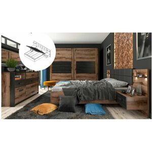 IMPACT FURNITURE Super King Size Bedroom Furniture Set Luxury Storage Bed Sliding Wardrobe Bedside Units Oak Black usb Charger led Light Kassel - Oak Finish / Black