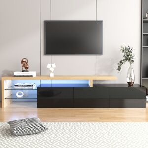 Abrihome - Modern tv cabinet, Stylish and Elegant, Practical Storage, High-gloss Black, Wooden Look, Glass Shelves, led lighting