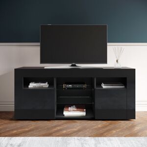 Modern tv Unit Cabinet Black with led Lights High Gloss Entertainment Stand - Elegant