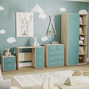 HOME DISCOUNT Neptune 4 Piece Bedroom Furniture Set Bedside Table, Chest of Drawers, Desk & Wardrobe, Blue & Oak