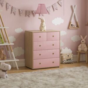 HOME DISCOUNT Neptune 5 Drawer Chest of Drawers Bedroom Storage Furniture, Pink & Oak