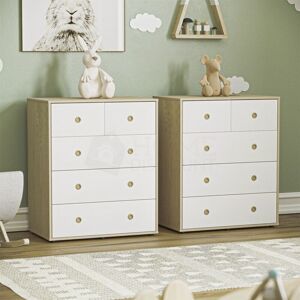 HOME DISCOUNT Neptune 5 Drawer Chest of Drawers Bedroom Storage Furniture, Set of 2, White & Oak