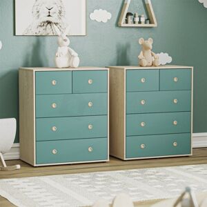 HOME DISCOUNT Neptune 5 Drawer Chest of Drawers Bedroom Storage Furniture, Set of 2, Blue & Oak