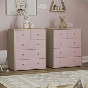 Home Discount - Neptune 5 Drawer Chest of Drawers Bedroom Storage Furniture, Set of 2, Pink & Oak